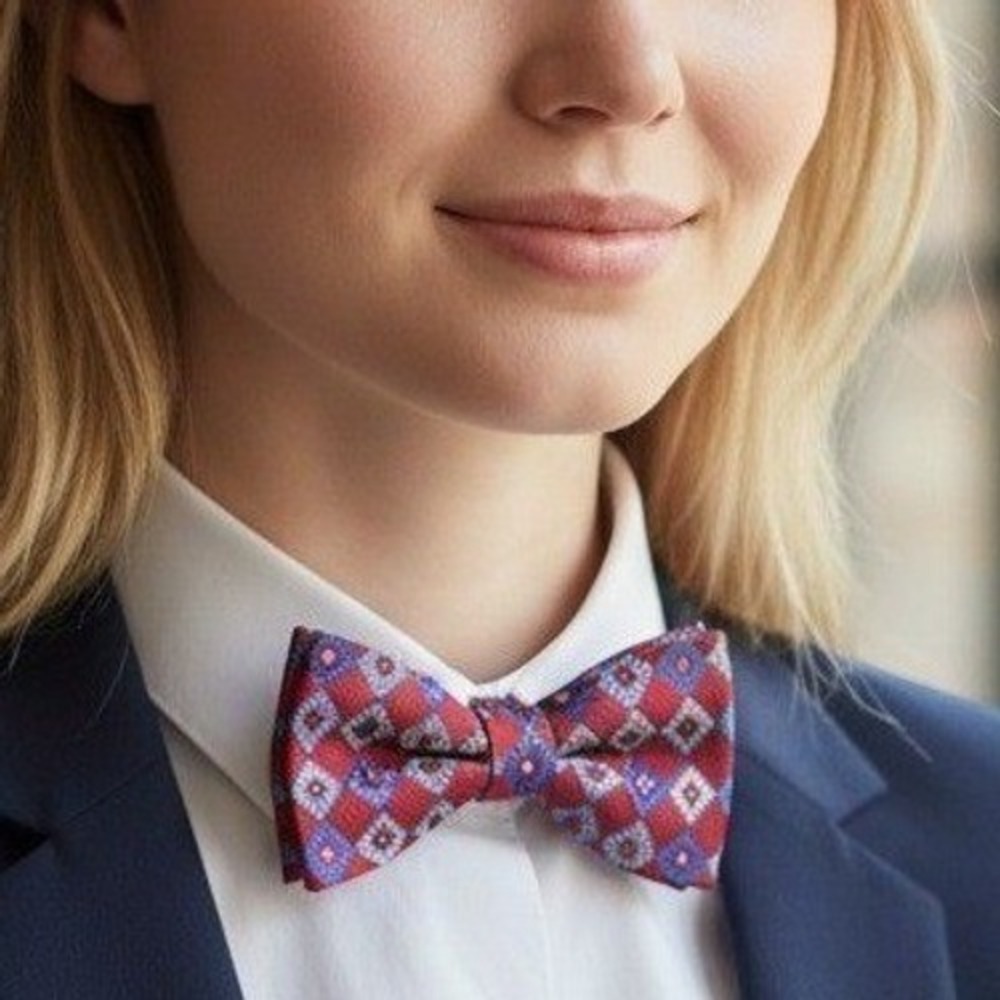 Rooster Mens Silk Bow Tie Red Blue Geometric Diamond Pattern Self Tie Adjustable